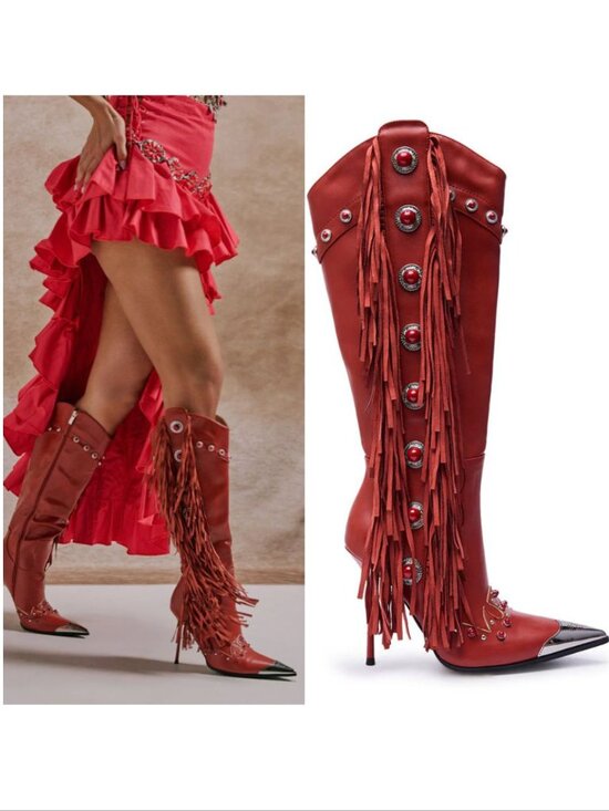 Azalea Wang Shoes - AZALEA WANG Pelagiana Boots Red Fringe Rhinestone Western Stiletto Heels NEW